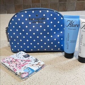 Kate Spade Blue Polka Dot Saffiano Leather Cosmetic Pouch Set